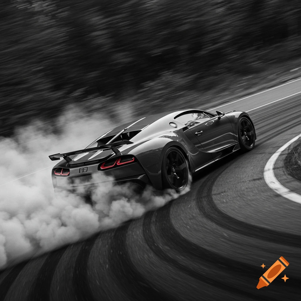 Monochrome Bugatti Bolide drifts on a curved road, smoke billowing from tires.