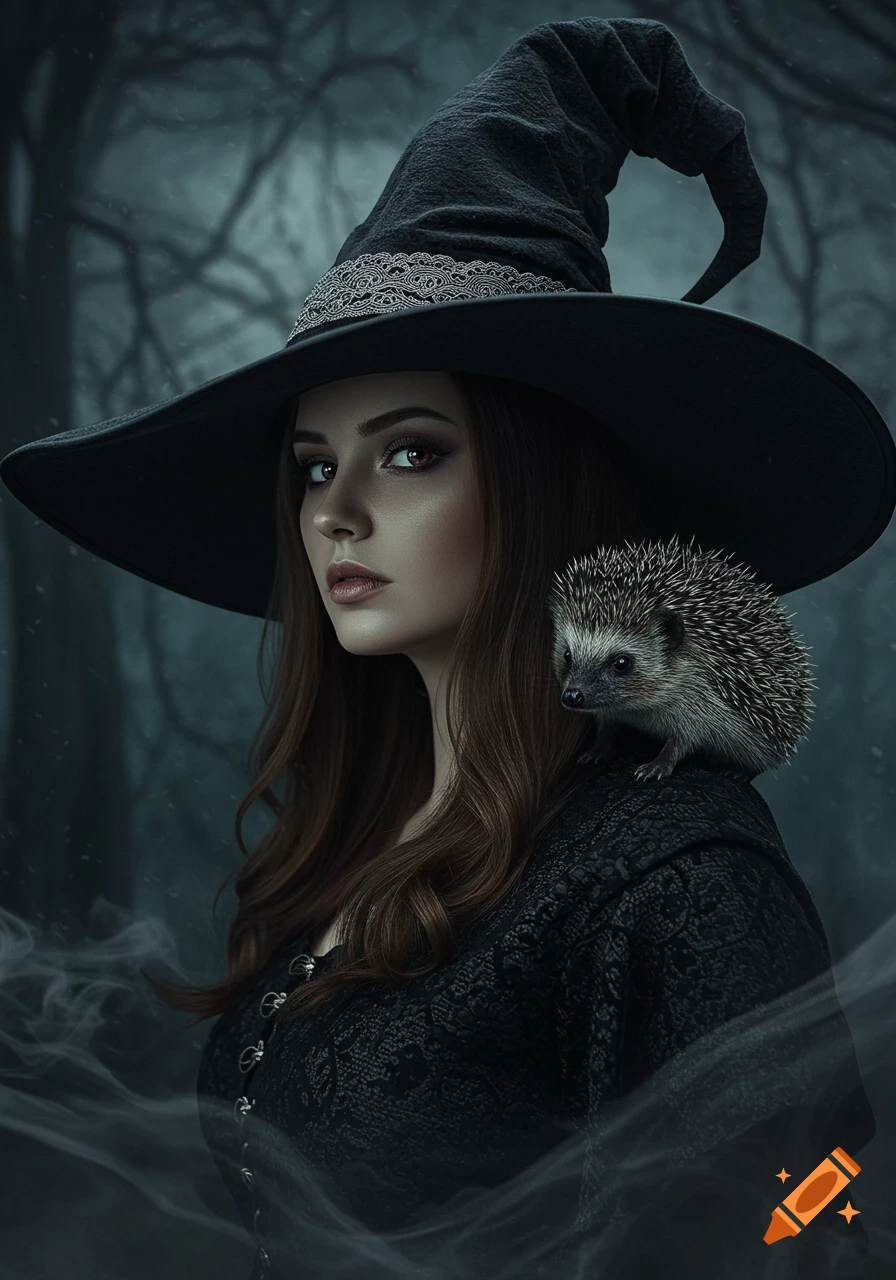 Photorealistic portrait of a young witch with brown hair and a black hat, a hedgehog on her shoulder, in a dark, misty forest.
