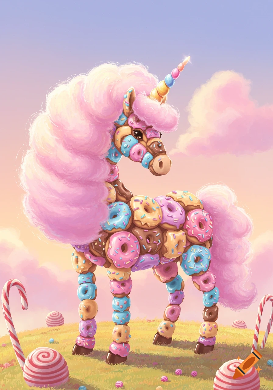 A whimsical unicorn made of colorful donuts, with a pink cotton candy mane and a candy corn horn, stands in a candy land.