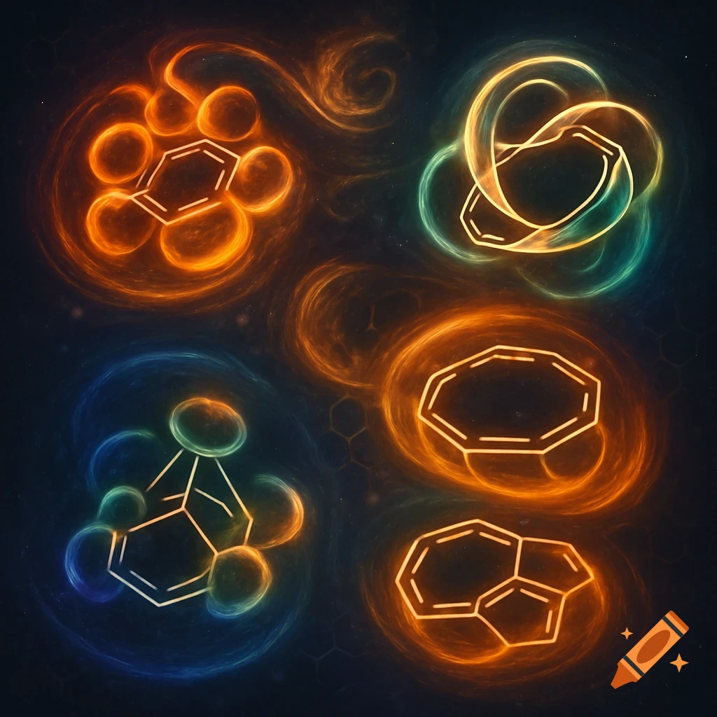 Glowing abstract molecular structures in orange, blue, and green on a dark background with subtle hexagon patterns.