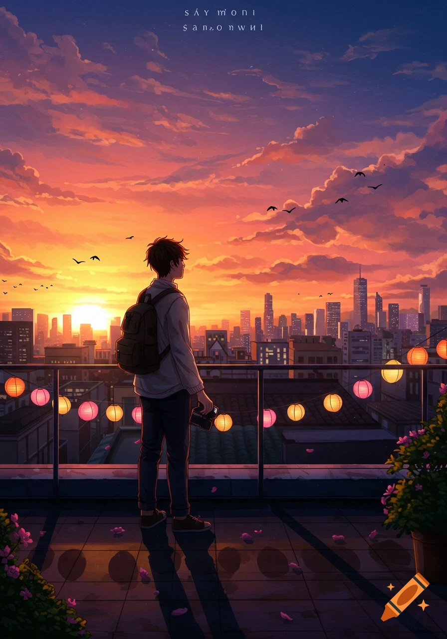 Anime person with a backpack and camera on a rooftop, overlooking a city skyline at a vibrant sunset.