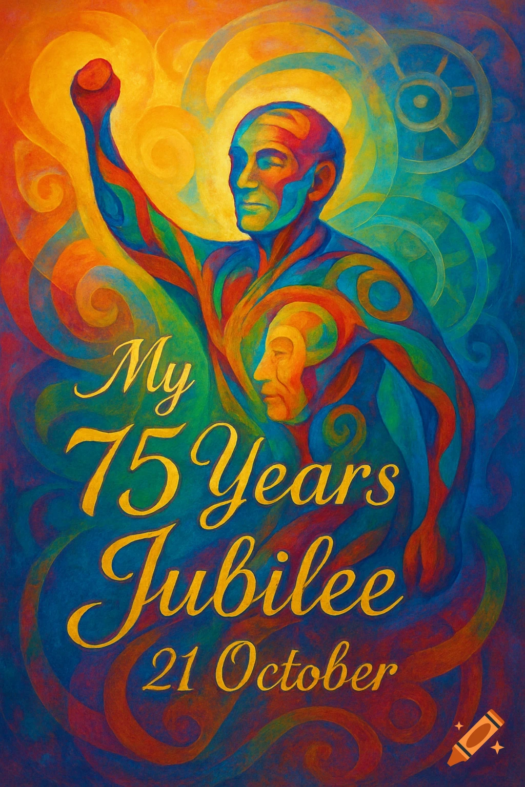 Vibrant, colorful abstract portrait of a man with a raised fist and the text 'My 75 Years Jubilee 21 October'.