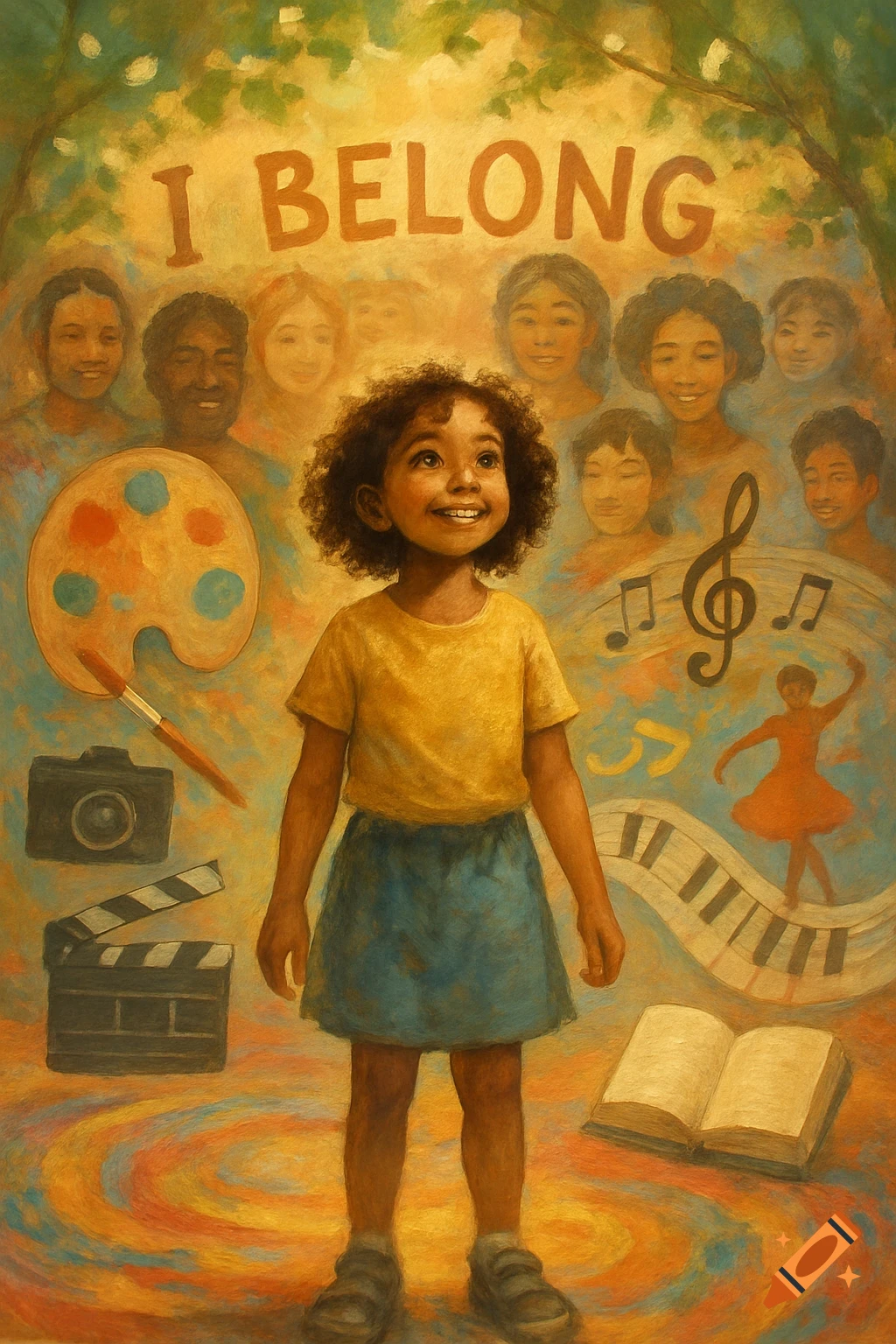 Smiling young girl in a yellow shirt and blue skirt, surrounded by diverse faces, art, music, and book symbols. Text reads "I BELONG" in a vibrant painterly style.