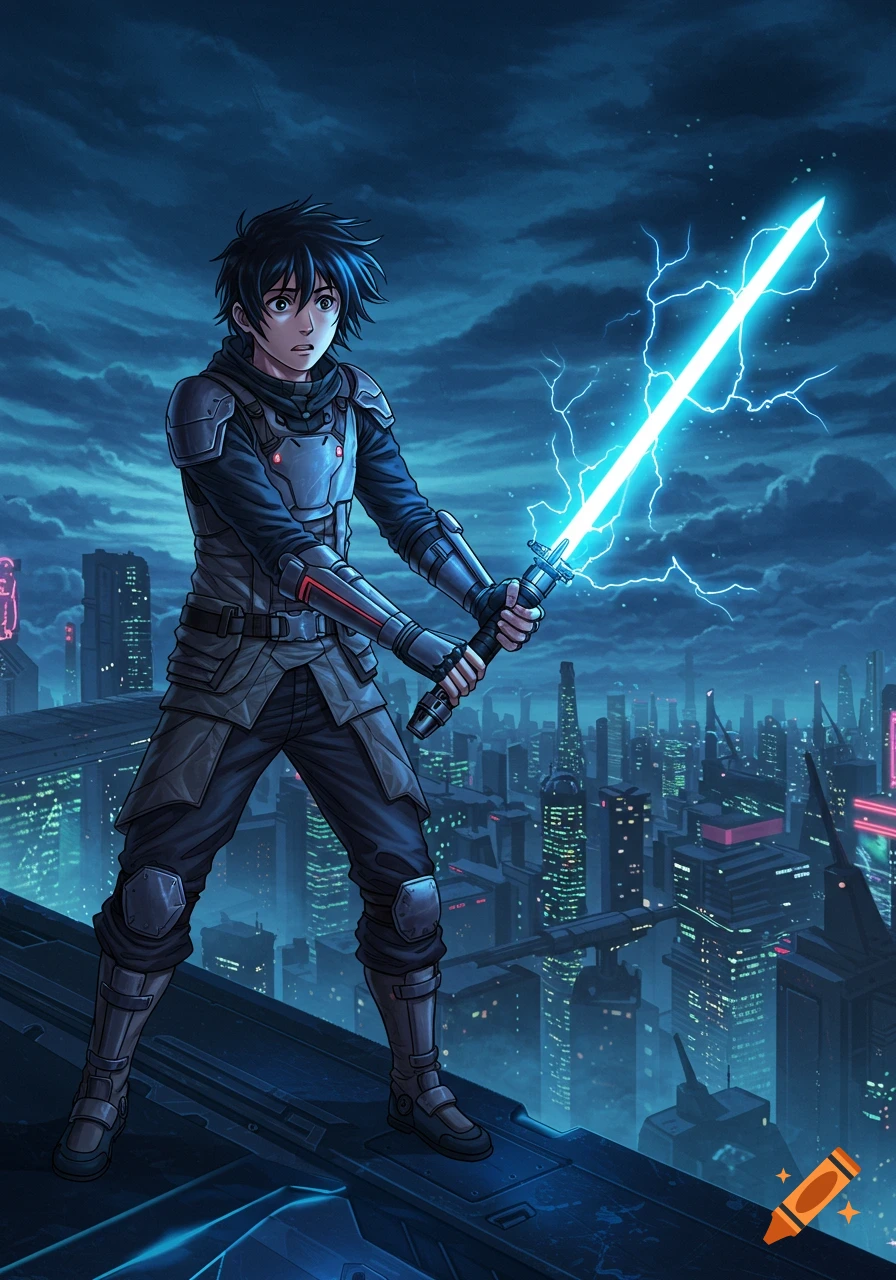 An anime boy with black hair, dressed in futuristic armor, stands on a skyscraper rooftop at night, holding a glowing blue lightsaber amidst a cyberpunk city.