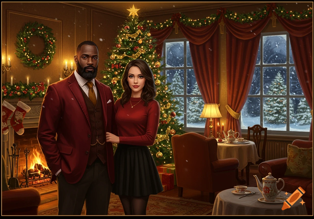 An illustrated couple stands in a festive Victorian living room with a Christmas tree and fireplace, snowing outside.