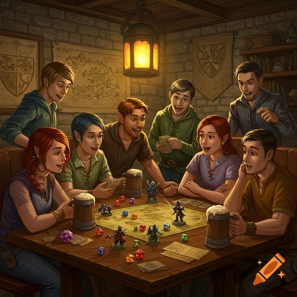 A group of friends with various hair colors and elf ears enthusiastically play a fantasy board game with dice and miniatures in a warmly lit tavern.