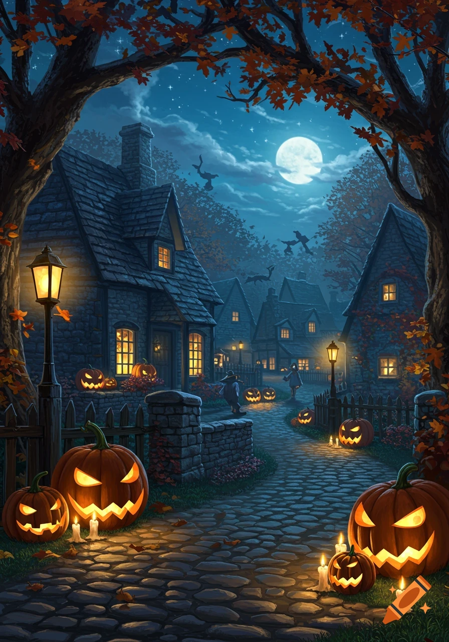 A charming, spooky Halloween village at night with a full moon, cobblestone path, glowing jack-o'-lanterns, and autumn leaves.