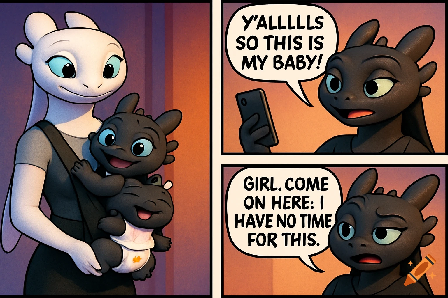 A cartoon comic strip. Left panel: Light Fury holds two smiling baby Night Furies. Right panels: A Night Fury talks on a phone and another looks annoyed.