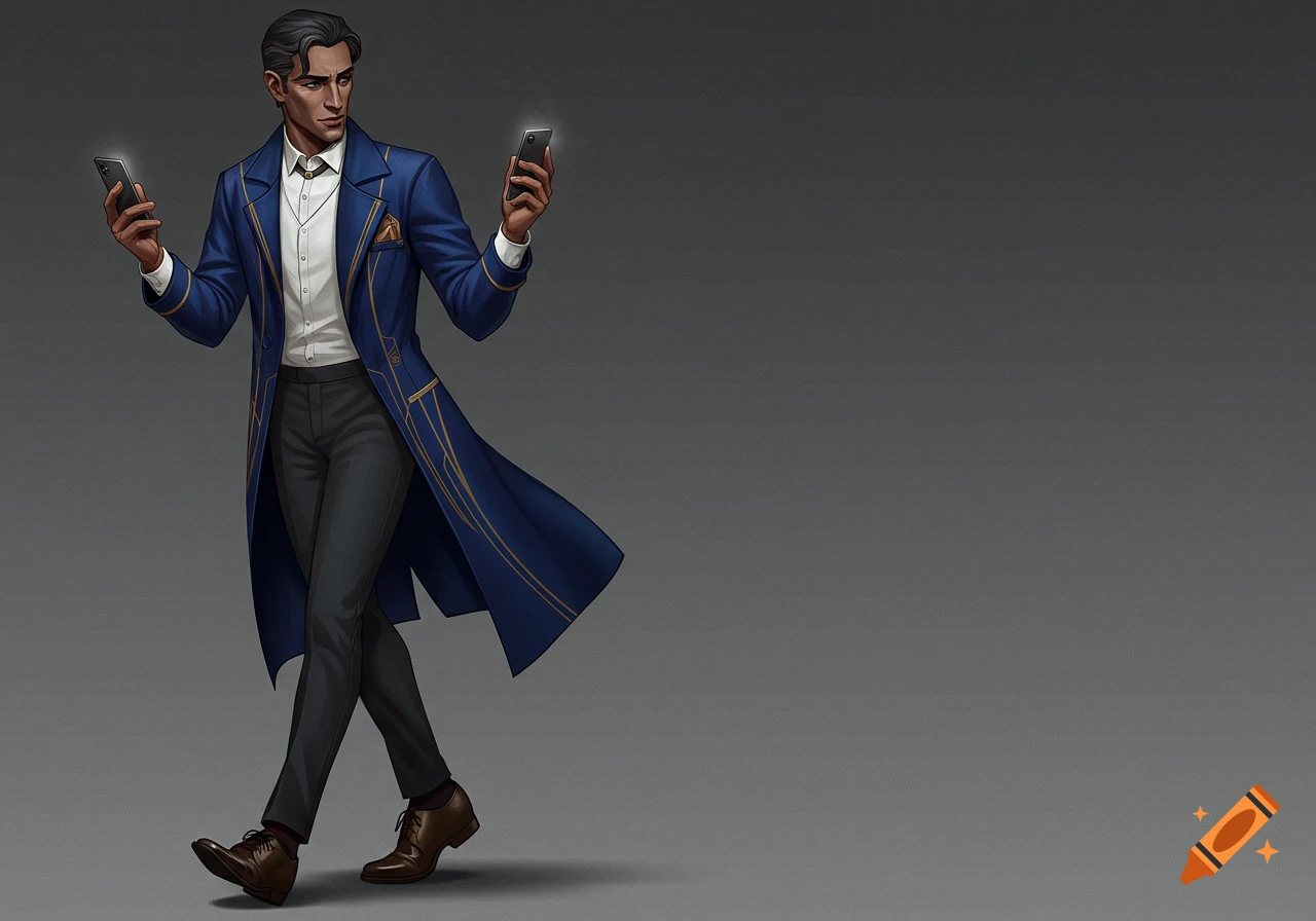 A stylish art deco character design of a man in a blue trench coat walking and looking at two glowing phones on a gray background.