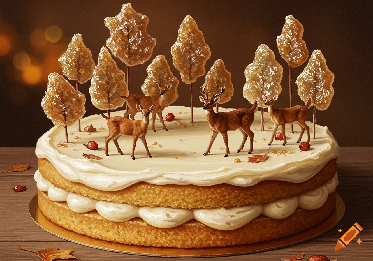 A two-tier cake topped with frosting, miniature deer figurines, candied trees, and autumn leaves, against a warm blurred background.