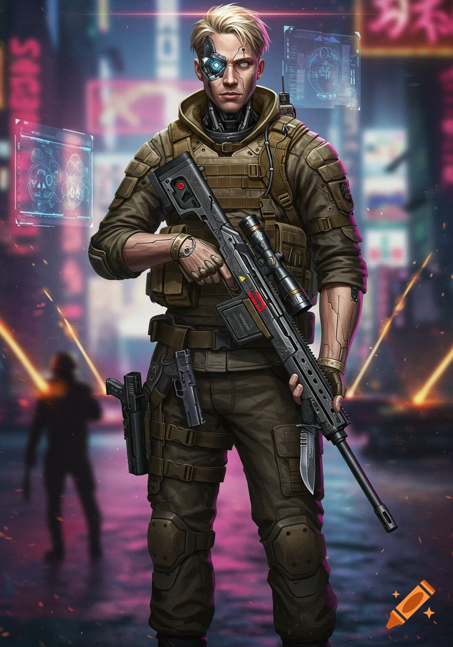 A blonde man with a bionic eye in a futuristic military uniform holds a sniper rifle, with holographic displays floating around him in a neon-lit city.