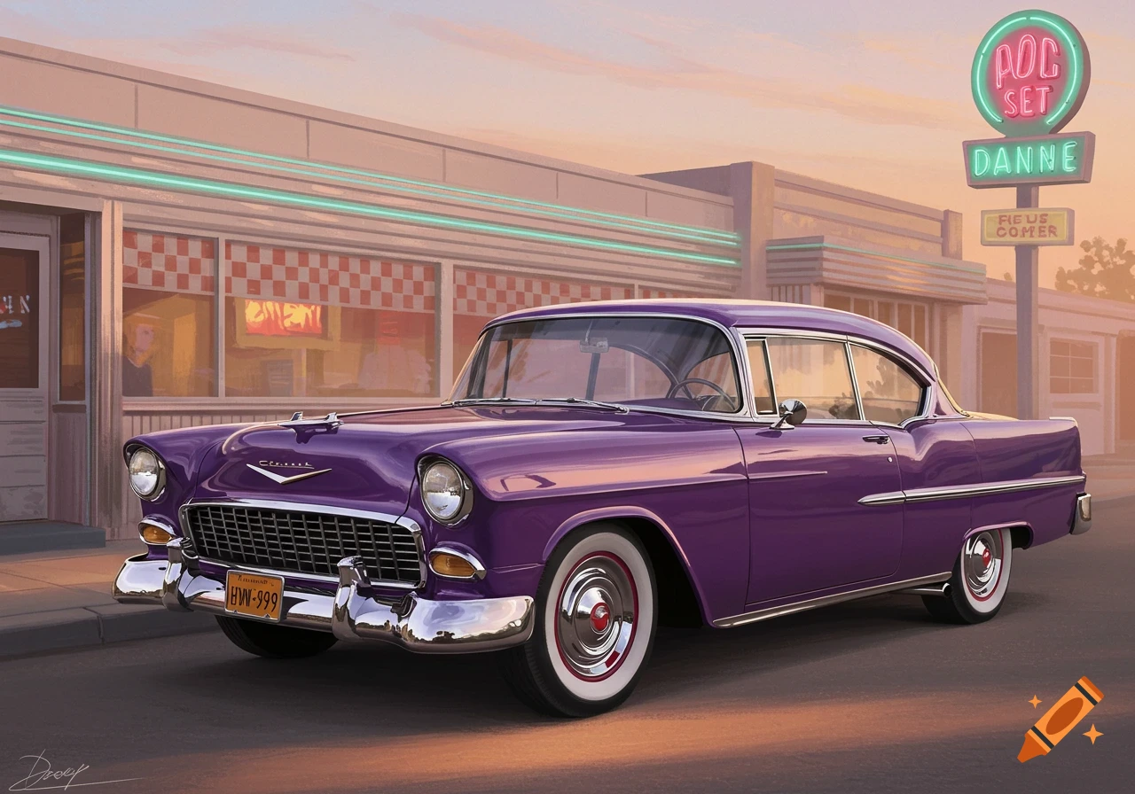 A purple 1955 Chevrolet Bel Air parked in front of a retro diner with neon signs at dusk, illustration.