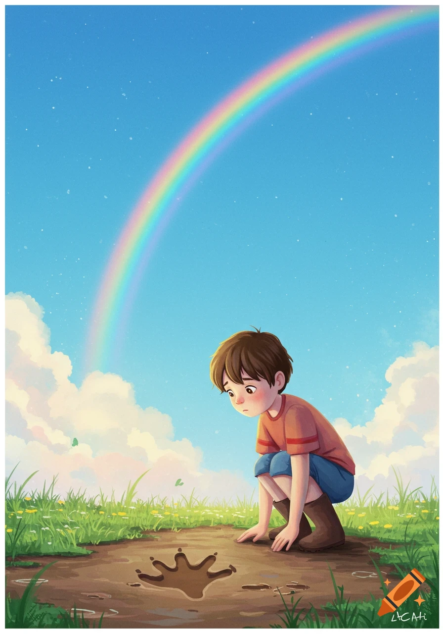 A young boy in boots squats, looking at a dinosaur-like footprint in a muddy puddle under a rainbow in a grassy field. Illustration.