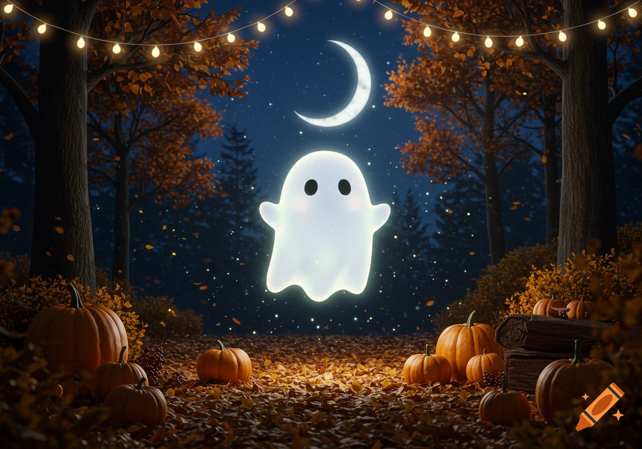 A cute, glowing white ghost floats in an autumn forest at night, surrounded by pumpkins, fallen leaves, and string lights under a crescent moon.