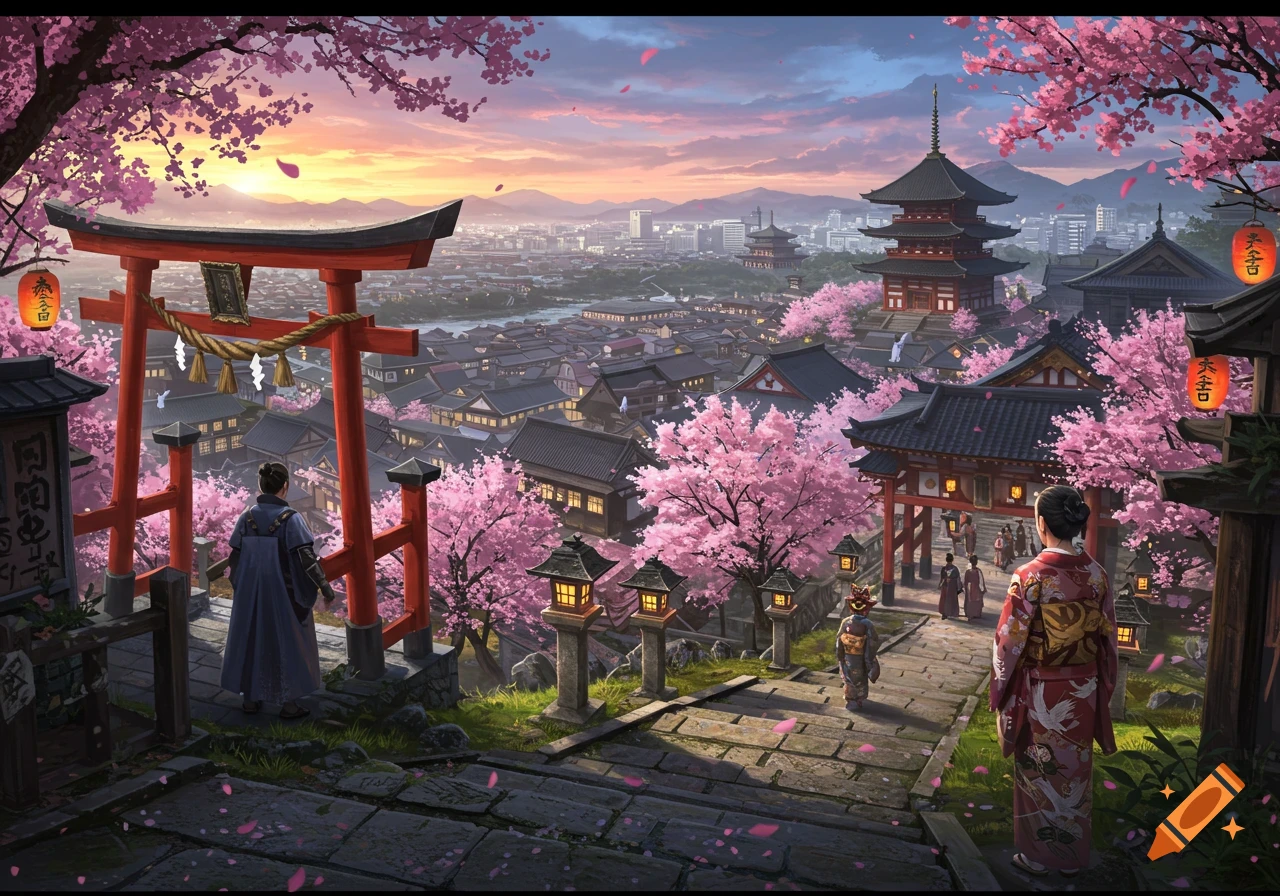 An idyllic Japanese landscape at sunset, with cherry blossoms, traditional buildings, a torii gate, and people in kimonos.