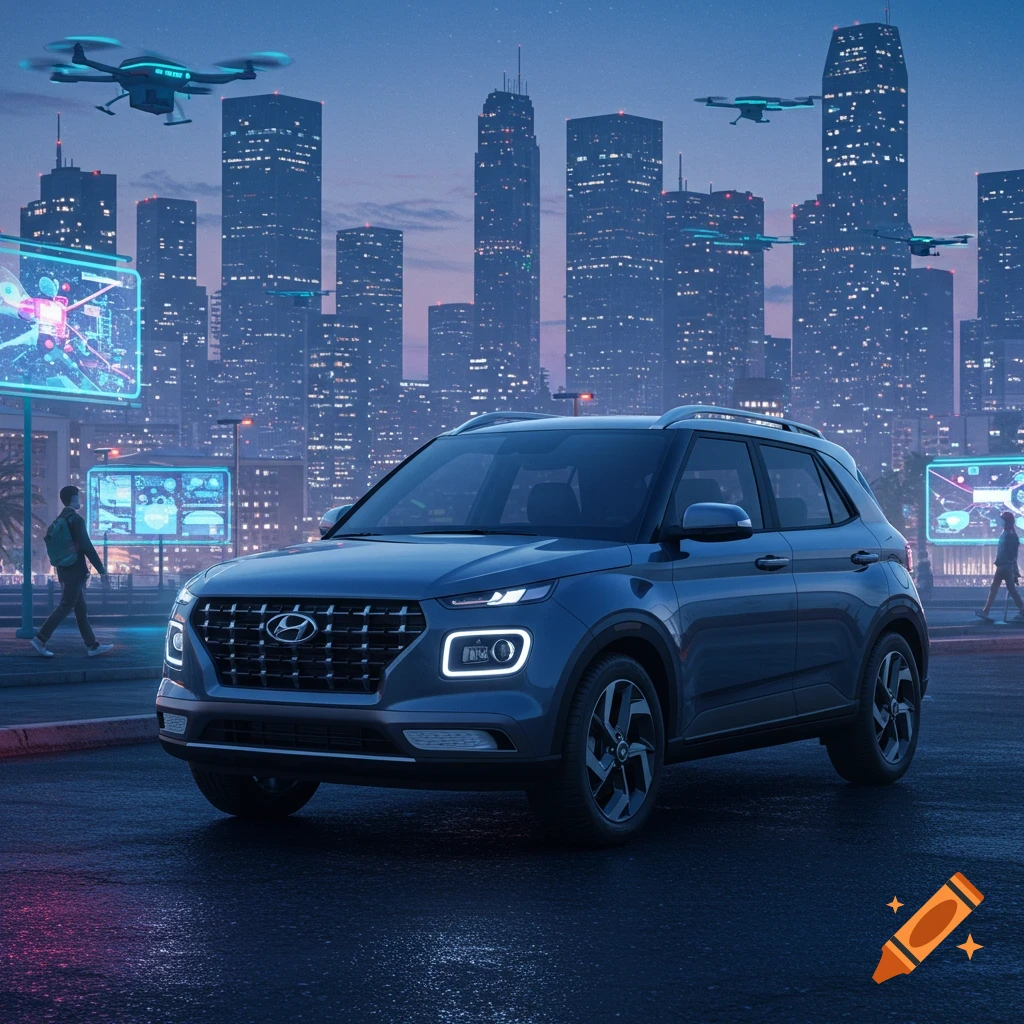 Blue Hyundai Venue SUV on a wet street in a futuristic city at dusk, with glowing screens, drones, and skyscrapers.