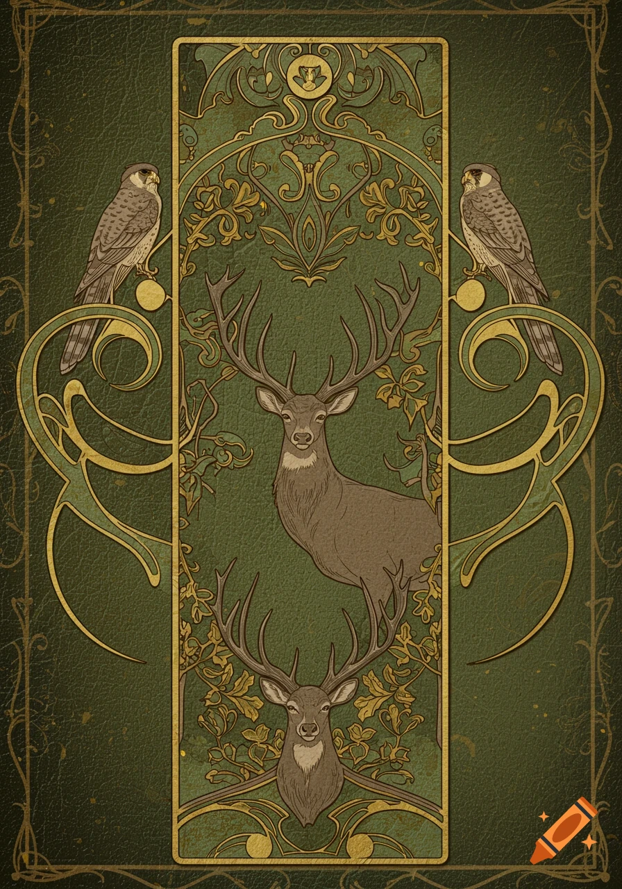 Art Nouveau illustration of a deer and two falcons within an ornate golden and green decorative frame, on a textured green background.