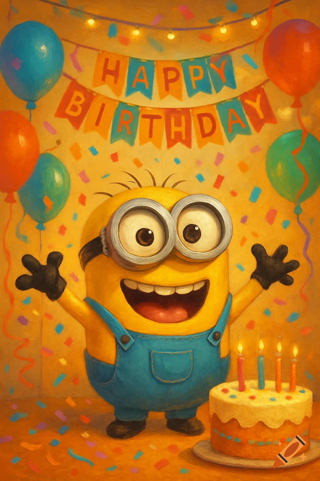 A cheerful Minion character with balloons, confetti, and a birthday cake, under a "HAPPY BIRTHDAY" banner, in a painterly style.