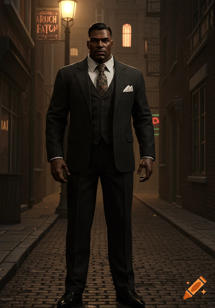 A man in a dark pinstripe suit and tie stands in a dimly lit, narrow alley with cobblestone ground, looking directly forward.
