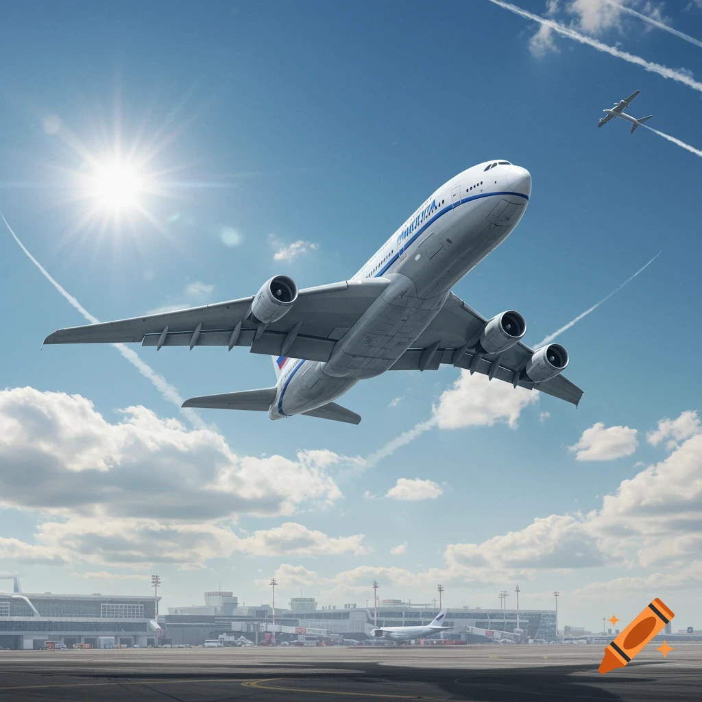 A large white passenger jet takes off from an airport, with another plane in the distance, under a bright blue sky.