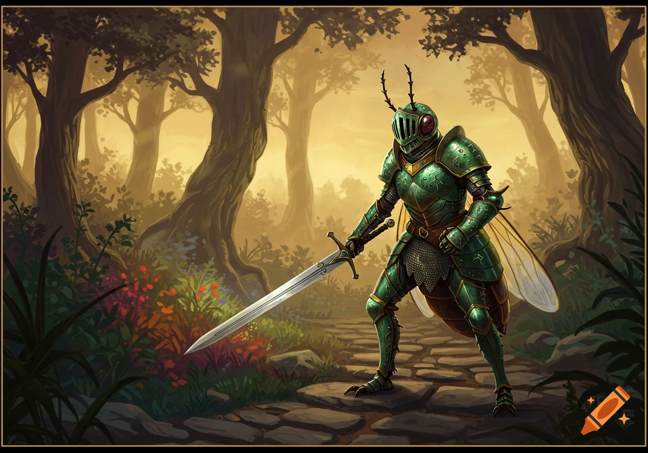 A detailed illustration of a green bug knight with a sword, standing on a stone path in a mystical forest.