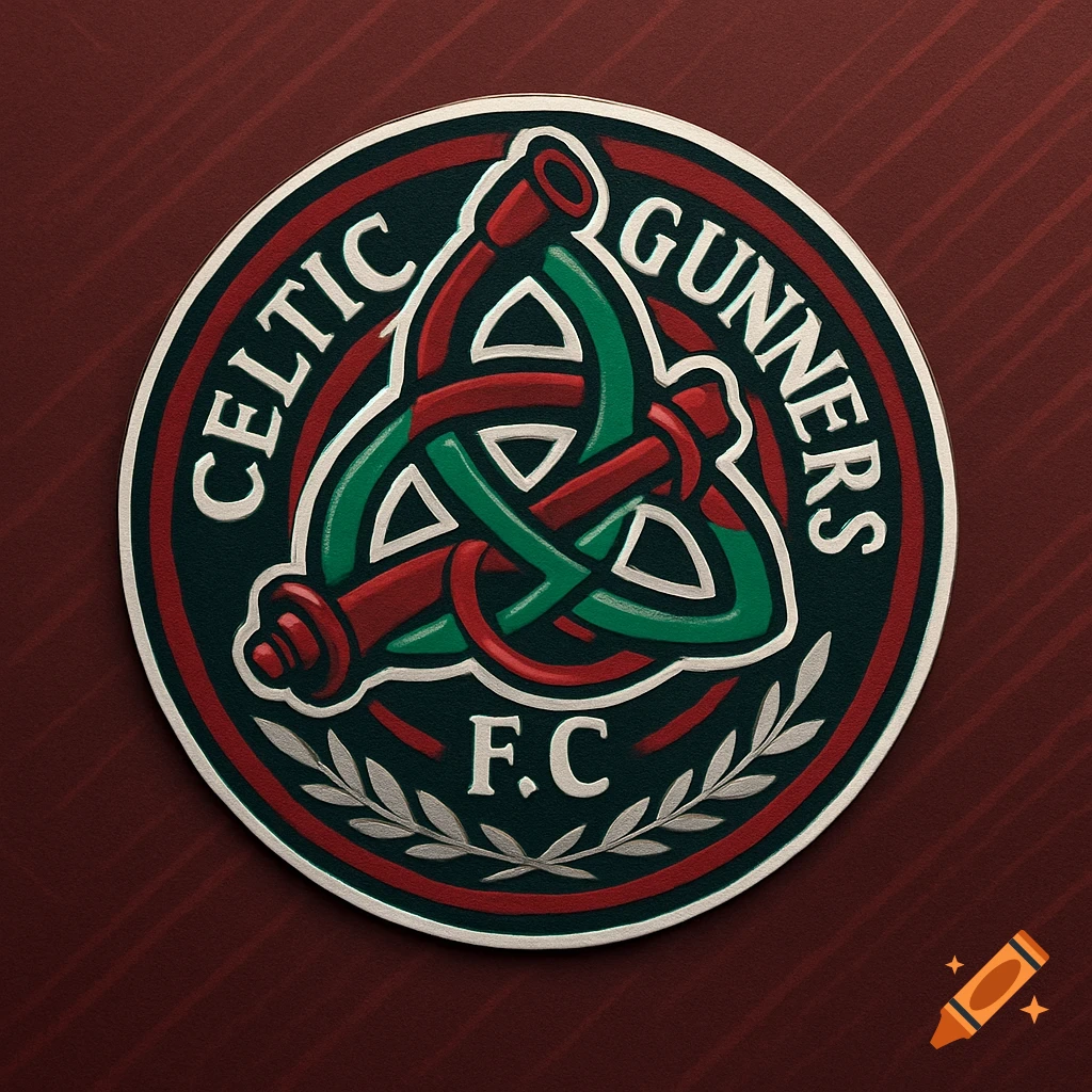 An embossed football club logo for Celtic Gunners F.C., featuring a red and green Celtic knot intertwined with cannons, surrounded by a laurel wreath, on a dark red background.