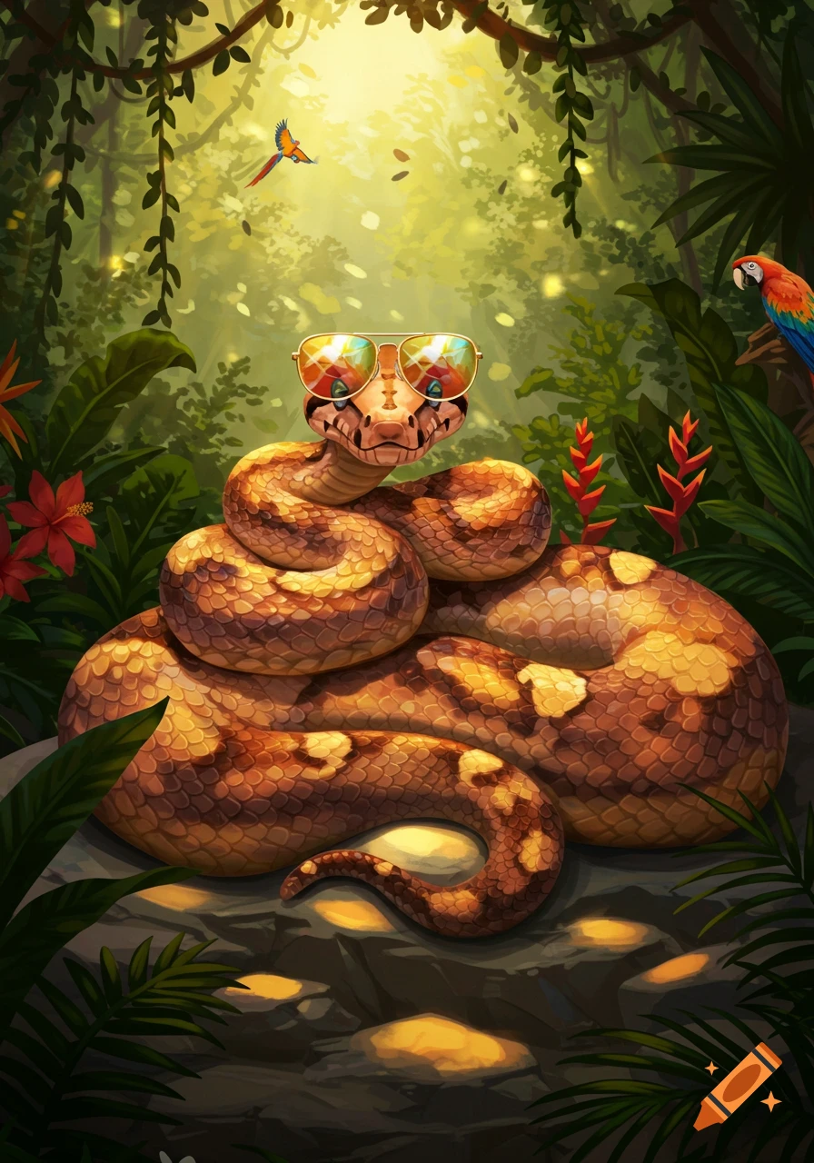 An illustration of a cool boa constrictor wearing aviator sunglasses, coiled in a sunlit, lush green jungle with tropical flowers and parrots.