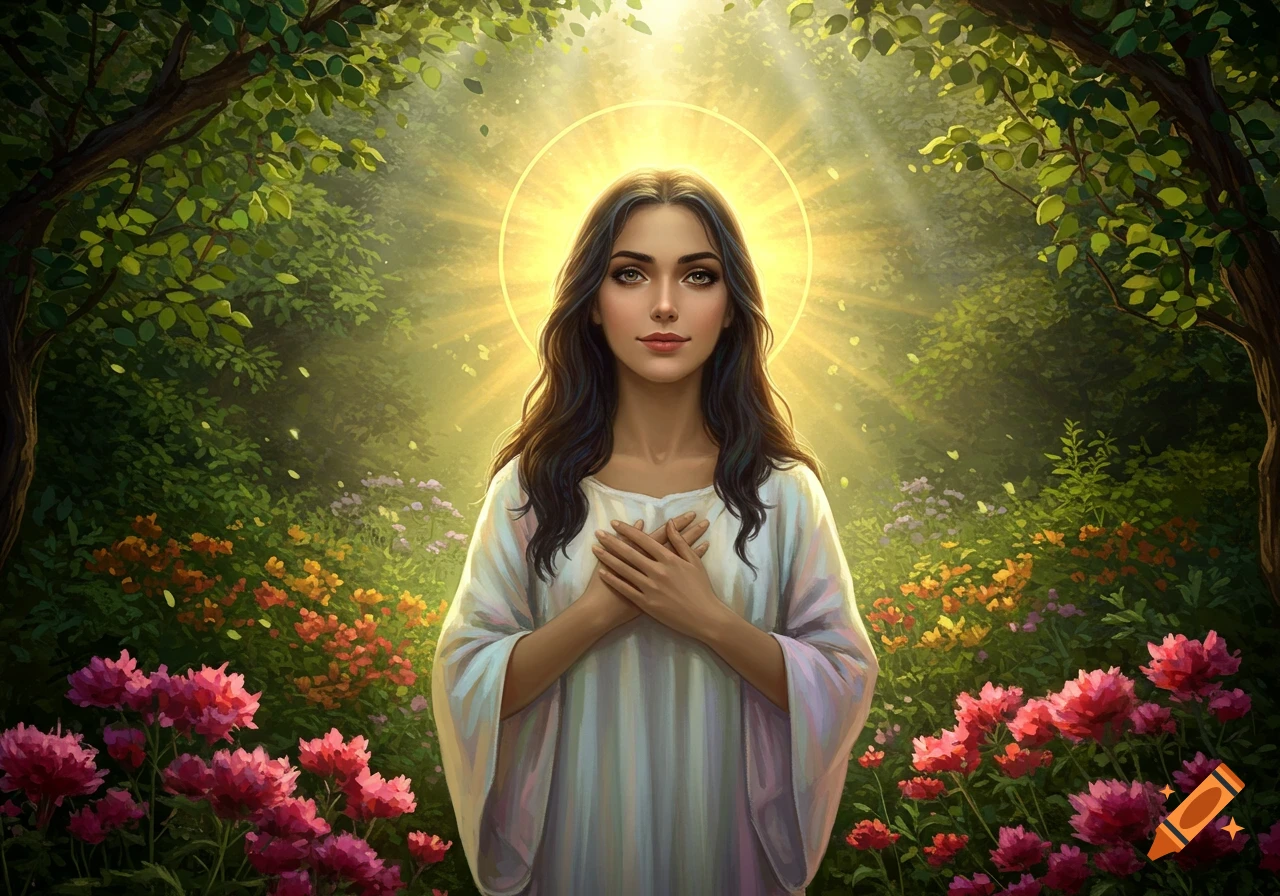 A serene woman with a halo and hands clasped over her chest, standing in a lush, sun-drenched garden with vibrant flowers.