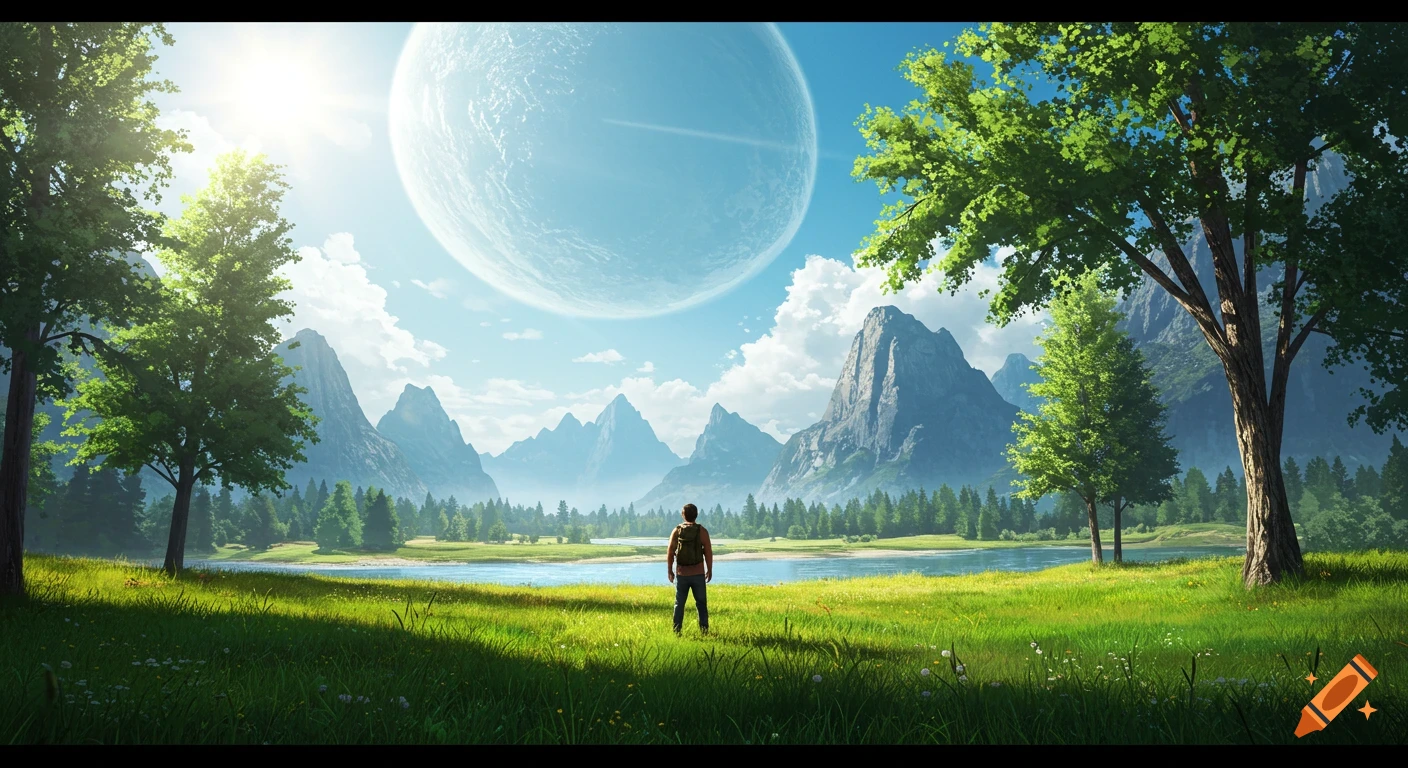 A lone man with a backpack stands on a green hill overlooking a lake and mountains, with a huge planet in the bright blue sky. Photorealistic.