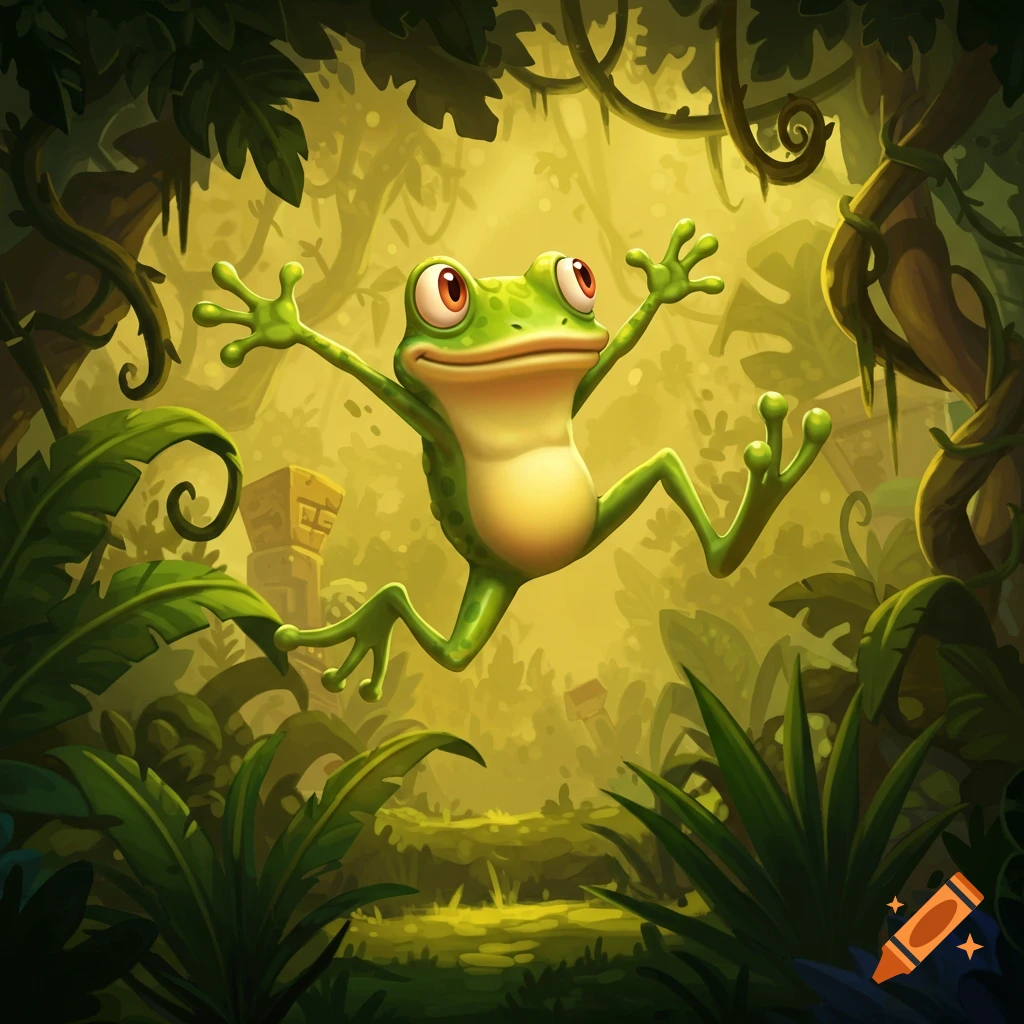 A cheerful, cartoony green frog with red eyes jumps in a vibrant jungle with thick foliage and vines.