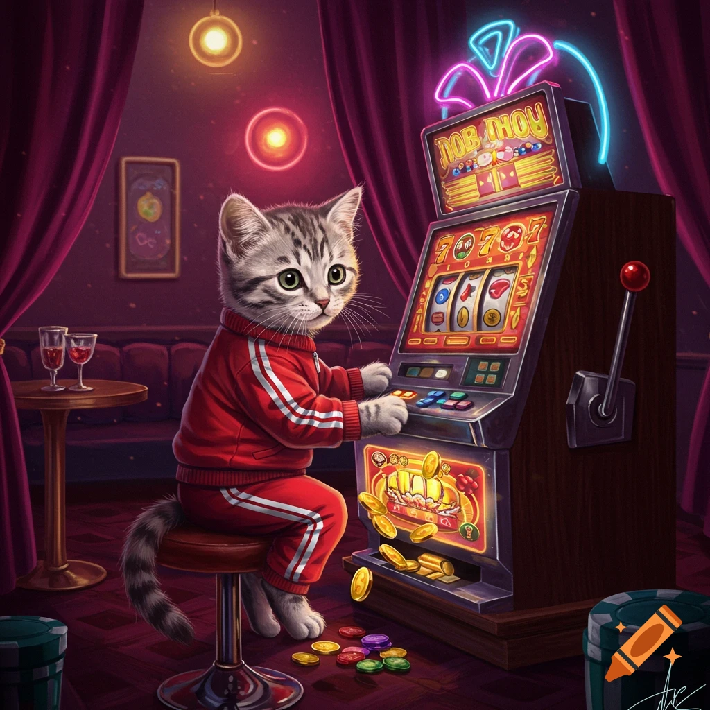 A cute tabby kitten in a red tracksuit plays a slot machine in a dimly lit, neon-accented casino lounge, with coins spilling out.
