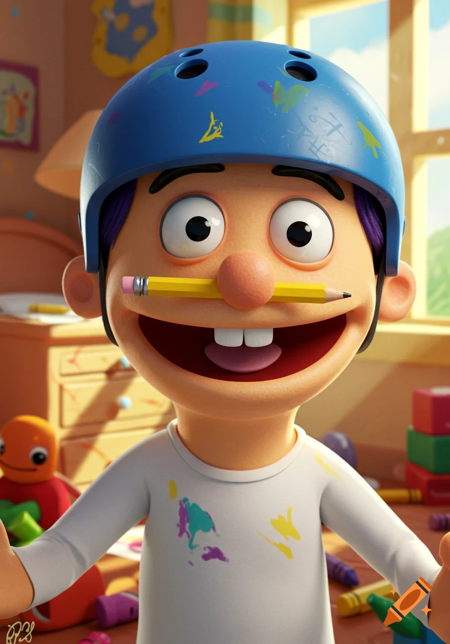 A 3D rendered cartoon boy with a blue helmet and paint-splattered shirt smiles with a pencil under his nose in a child's room.