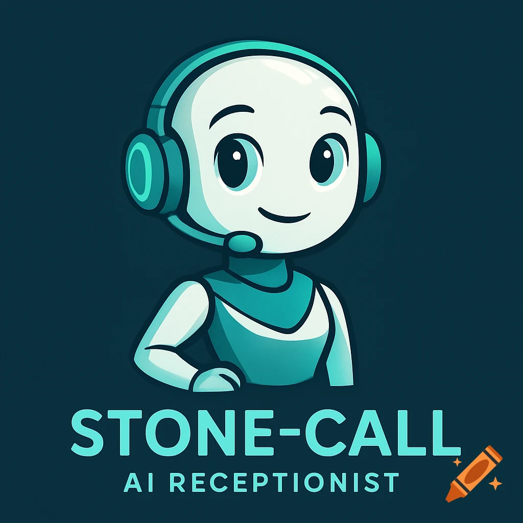 A smiling cartoon robot with a headset against a dark teal background, with the text "STONE-CALL AI RECEPTIONIST" below.