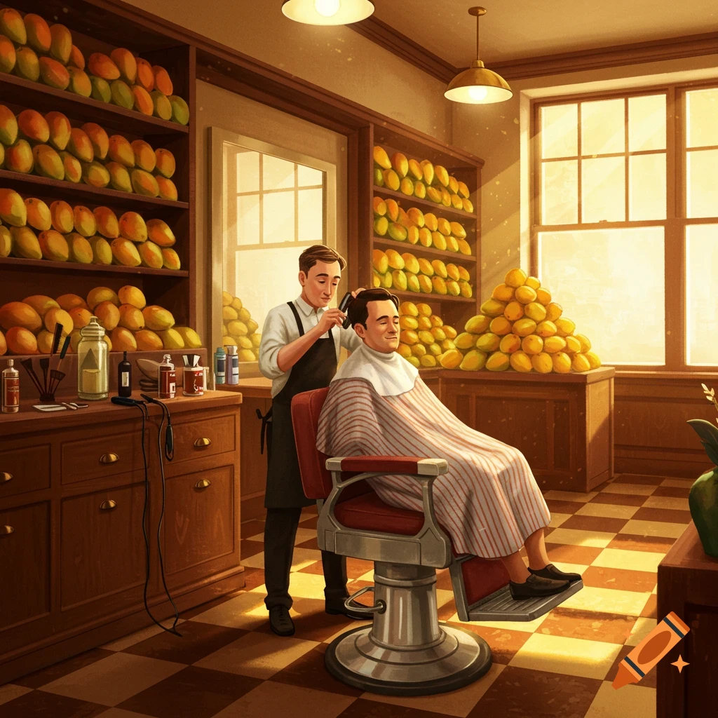 An illustration of a barber cutting a man's hair in a barbershop with shelves full of mangoes, bathed in warm sunlight.