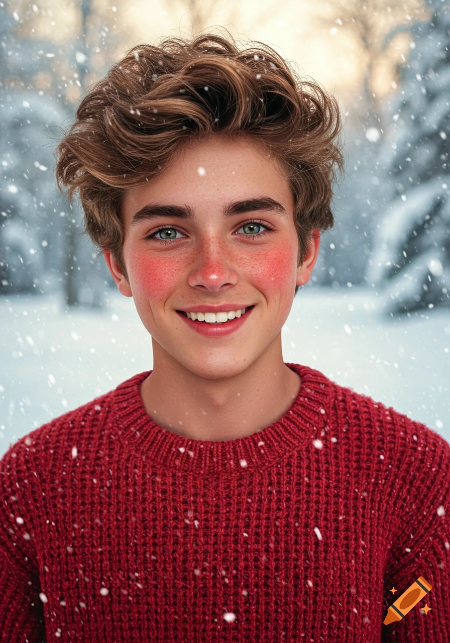 Photorealistic portrait of a smiling boy with curly brown hair, green eyes, and rosy cheeks in a red sweater, snowy winter scene.