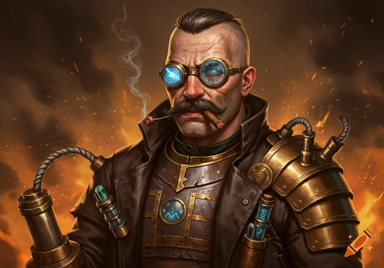 A stern, moustachioed steampunk artificer in a leather coat and glowing goggles smokes a cigar against a fiery, smoky background, in a realistic painterly style.