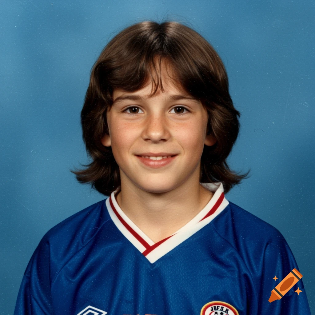Young boy with shoulder-length brown hair wearing a blue soccer jersey smiles against a blue background in a 1999 yearbook photo.