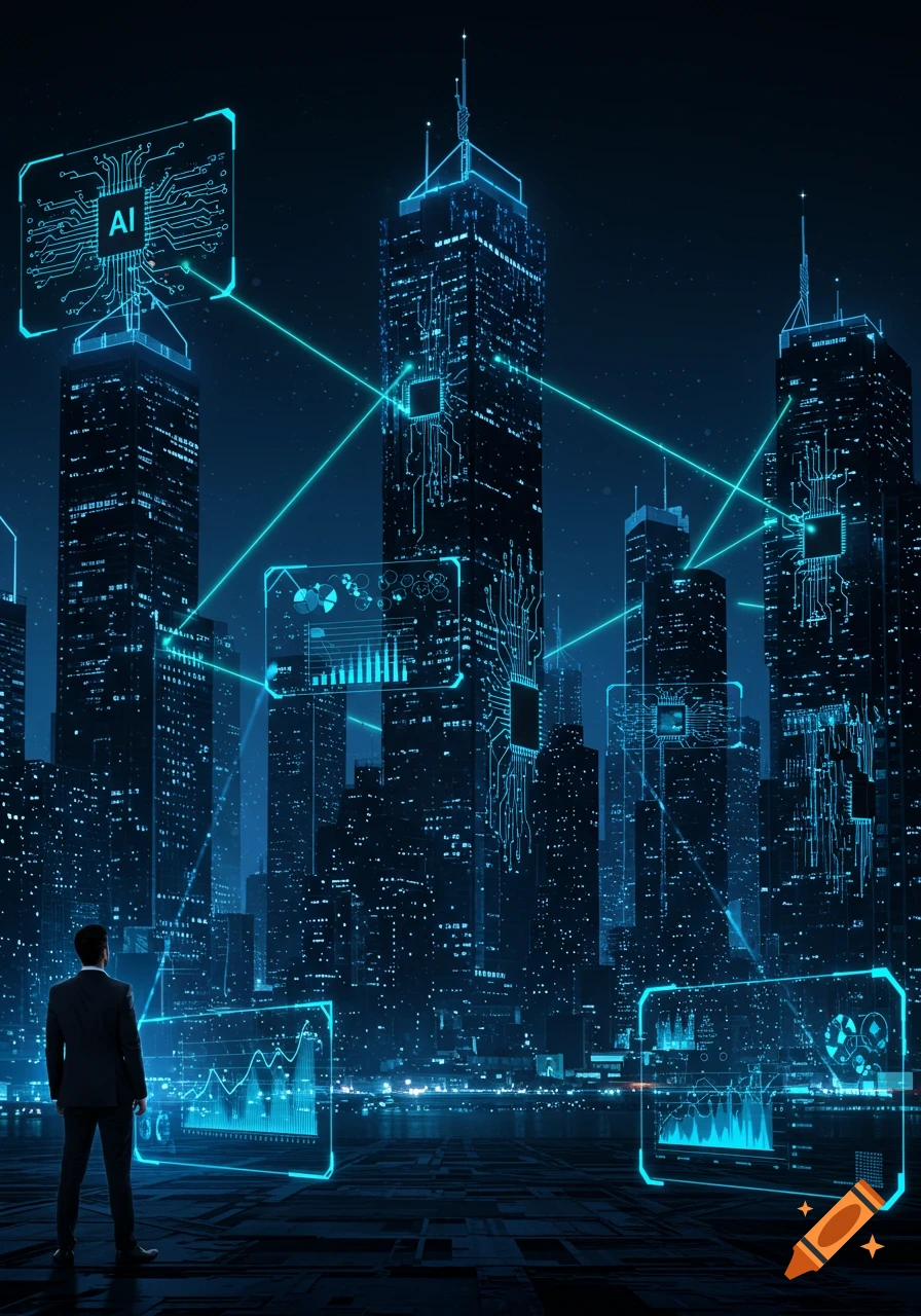 A man in a suit views a futuristic city at night, with glowing circuits, data screens, and 'AI' text on a skyscraper.