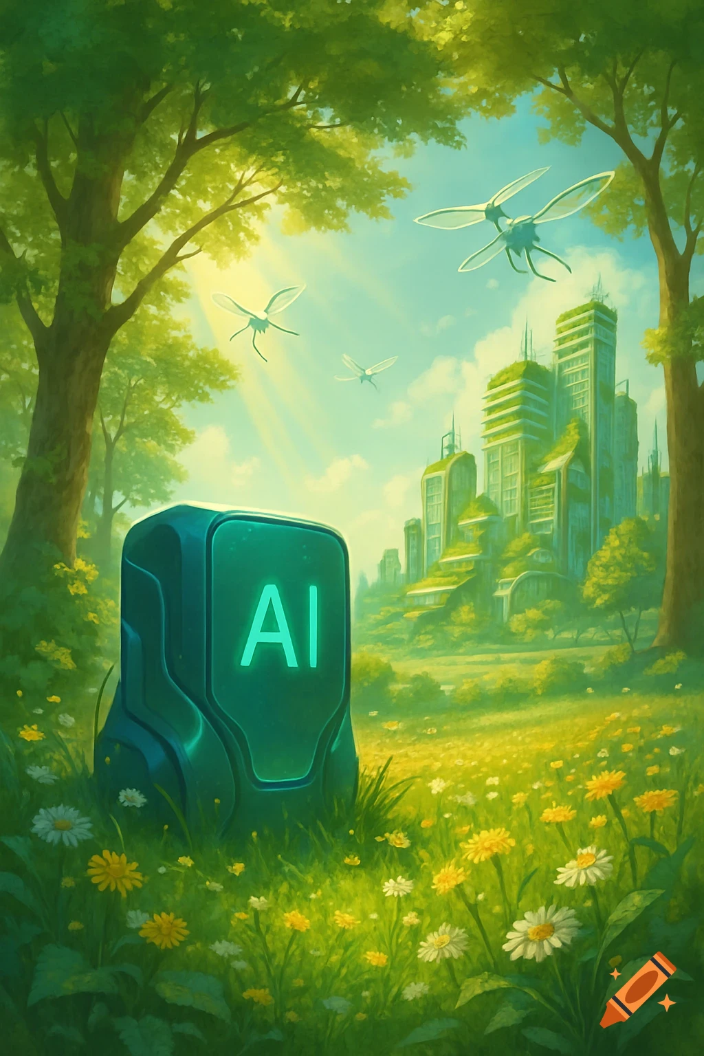 A glowing 'AI' monolith in a vibrant field of flowers and trees, with futuristic, green, overgrown buildings and flying machines under a sunny sky.
