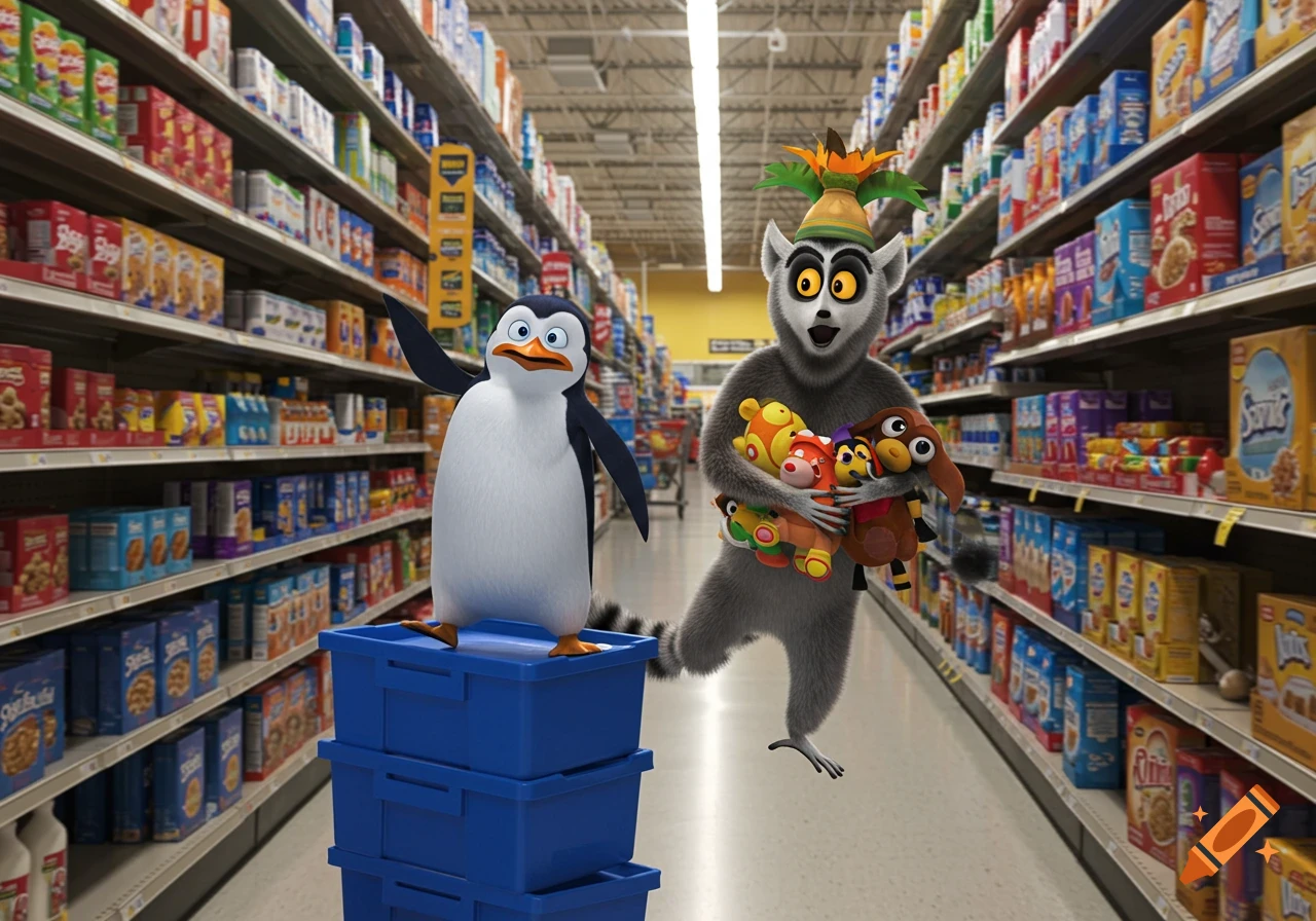 A cartoon penguin on blue crates and a lemur holding plush toys walk down a supermarket aisle filled with products.