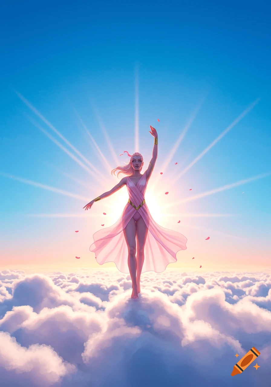 A heroine in a flowing pink dress stands on white clouds with arms raised, bathed in sunlight against a blue sky, in an ethereal art style.