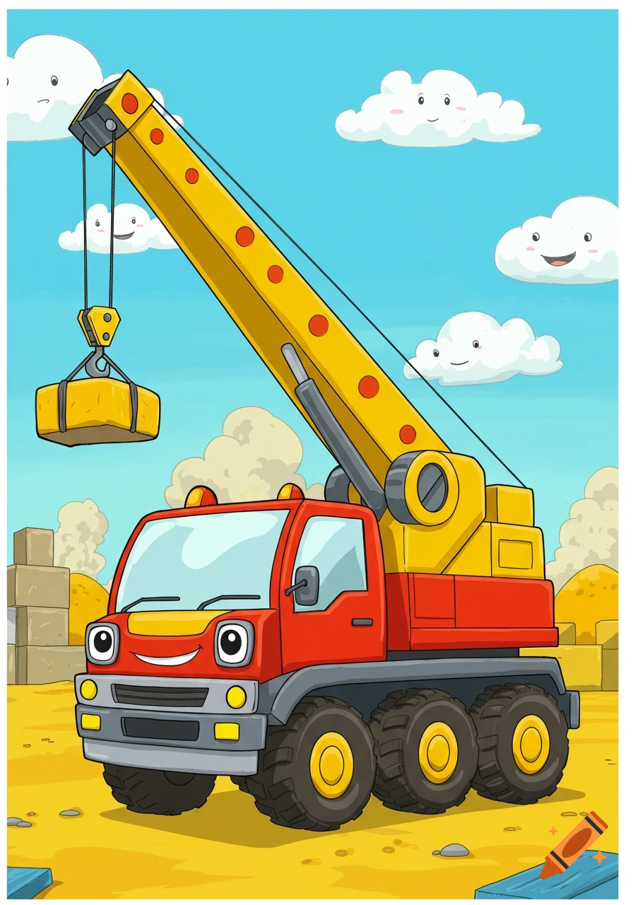 A vibrant red and yellow cartoon mobile crane lifts a yellow block on a sandy construction site under a blue sky with smiling clouds.
