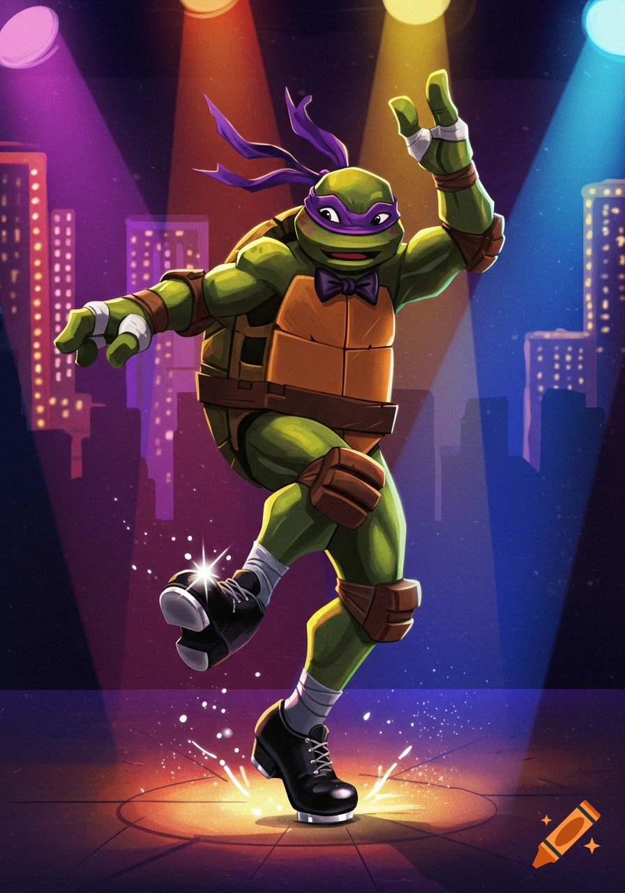 Cartoon Donatello from TMNT tap dancing on a spotlighted stage with a city skyline in the background.