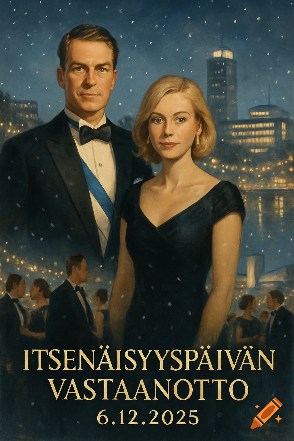 Painting of a formally dressed man and woman at night, with a city skyline in the background and Finnish text for an independence day reception.