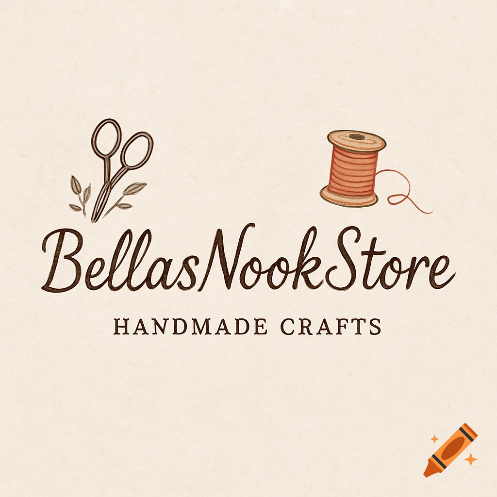 A logo for BellasNookStore with "BellasNookStore HANDMADE CRAFTS" text, scissors, leaves, and a spool of thread.