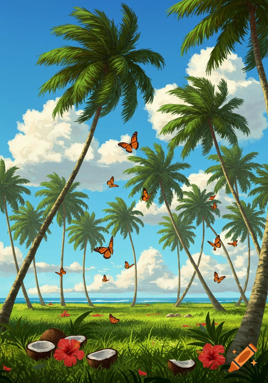 Lush tropical scene with many palm trees, orange butterflies, red hibiscus flowers, and broken coconuts on green grass by the ocean.