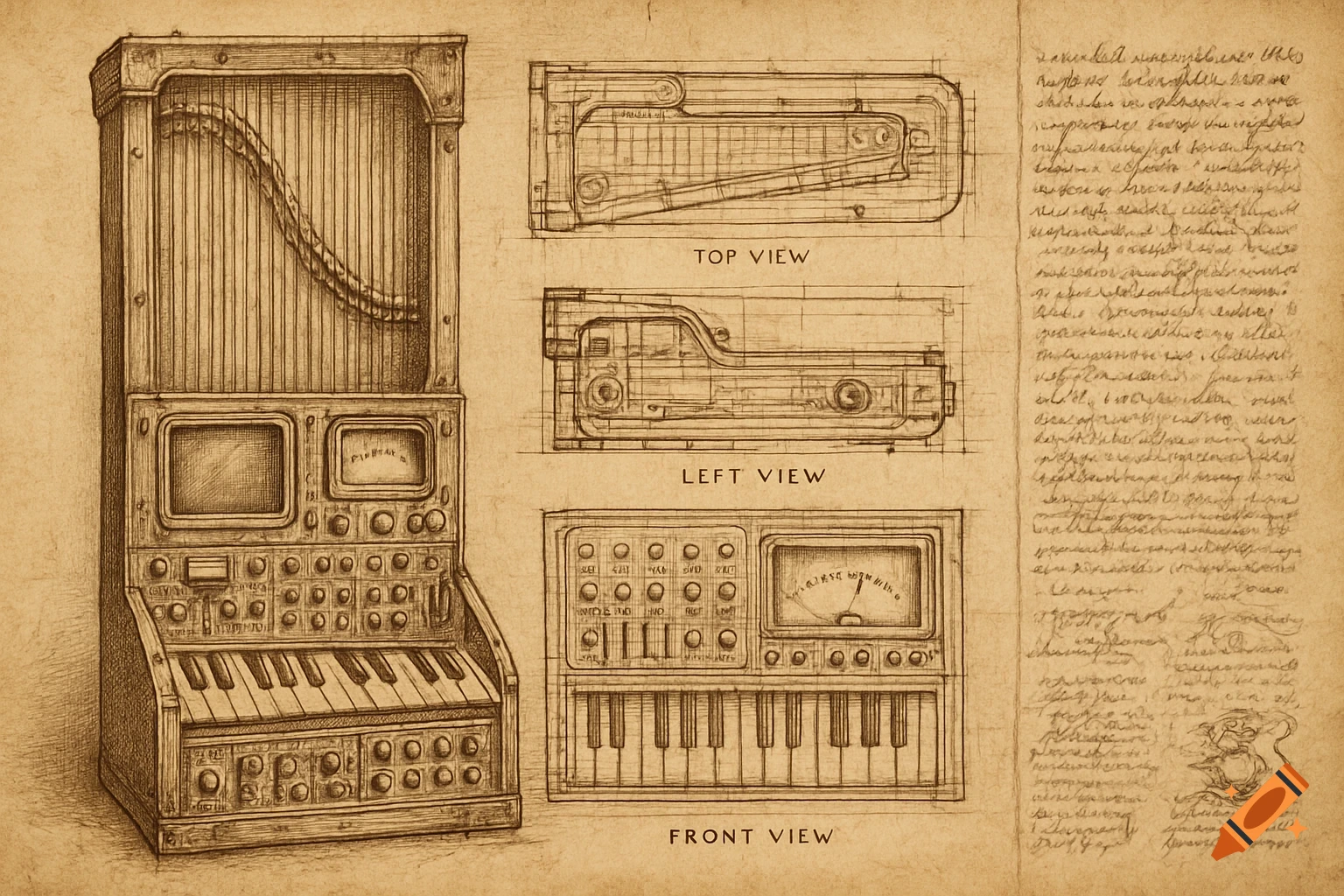 A sepia-toned technical sketch of a steampunk electronic harpsichord with various blueprint views, notes, and doodles.