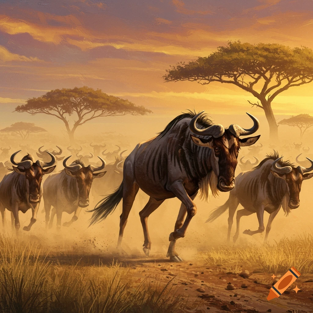 A herd of wildebeest stampeding across a dusty savanna at sunset with acacia trees in the background, in an art style.