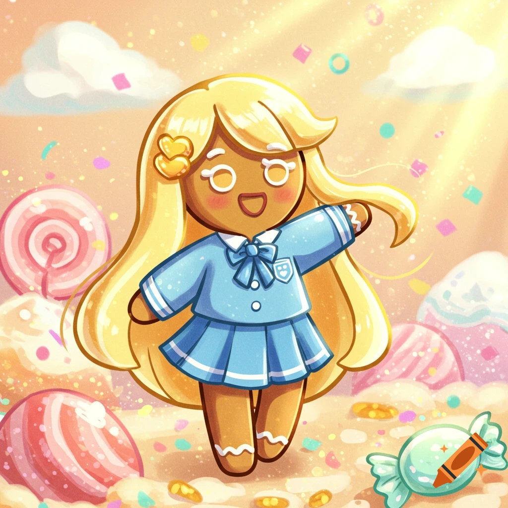 Cute anime-style gingerbread cookie character with long blonde hair and a blue school uniform, surrounded by colorful candies and confetti.
