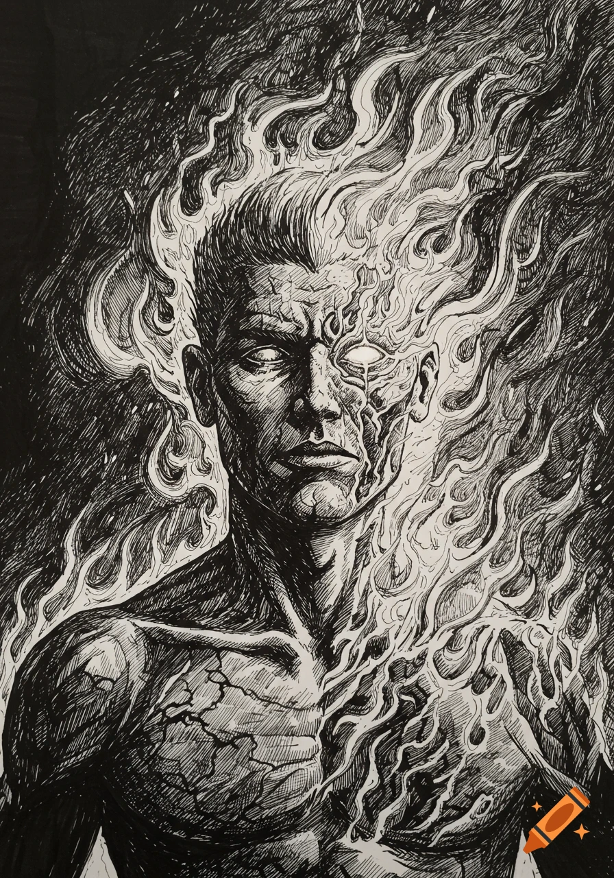 A black and white ink drawing depicts a man with half his face and body cracked, with flames emanating from his head.